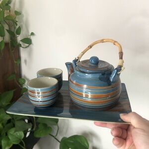 Teaopia 4-Piece Ceramic Tea Set – Blue & Brown Striped with Bamboo Handle